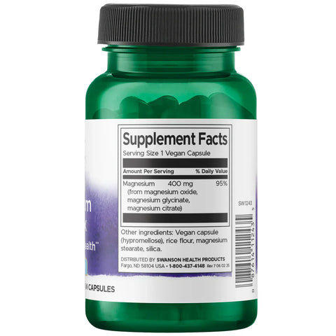 Back: Supplement facts & ingredient label for magnesium complex showing 3-source blend.