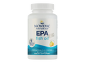 A white plastic bottle of Nordic Naturals EPA fish oil soft gels, featuring a white label with blue and yellow accents, on a solid white background.