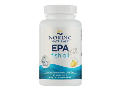 A white plastic bottle of Nordic Naturals EPA fish oil soft gels, featuring a white label with blue and yellow accents, on a solid white background.