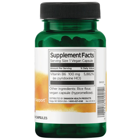 Swanson Vitamin B6 Pyridoxine 100mg vitamin supplement capsules supplement facts ingredients & barcode label bottle 100 capsules