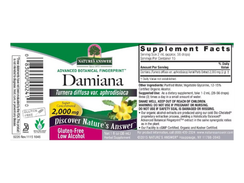 Nature’s Answer Damiana liquid extract 2000mg 30ml barcode
