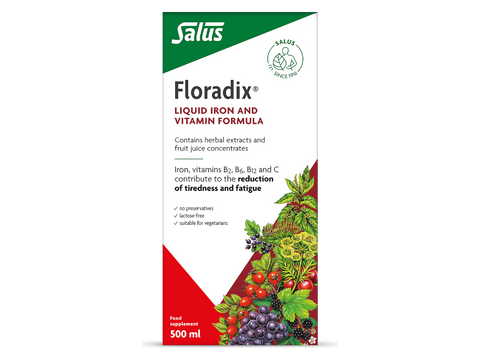 Floradix Liquid Iron & Vitamin Formula Vegetarian box angled product view- 500ml