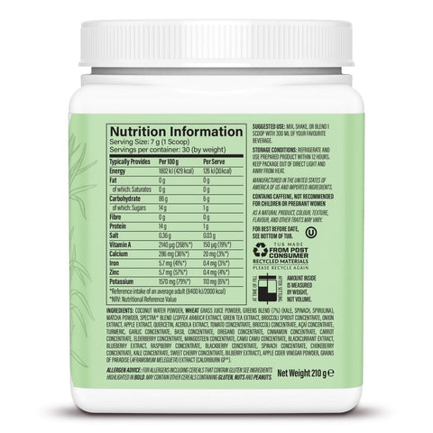 Sunwarrior Shape Thermo Greens unflavoured supplement facts ingredients powder tub 210g
