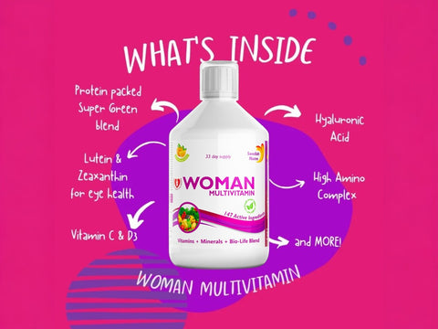 Lifestyle/use image: Swedish Nutra Women multivitamin liquid orange flavour daily use 500ml