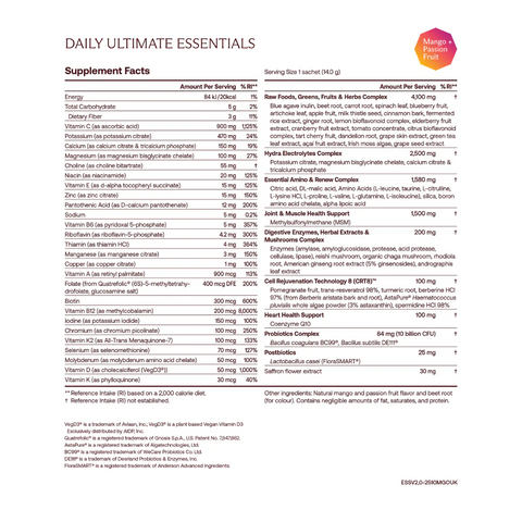 IM8 Daily Ultimate Essentials supplement facts and ingredients label of mango + passion fruit 30 sachets