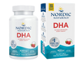 Nordic Naturals DHA fish oil supplement shown as a white bottle next to its retail box packaging on a plain white background.