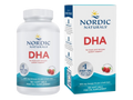 Nordic Naturals DHA fish oil supplement shown with a white plastic bottle and matching white and blue retail box on a plain white background.