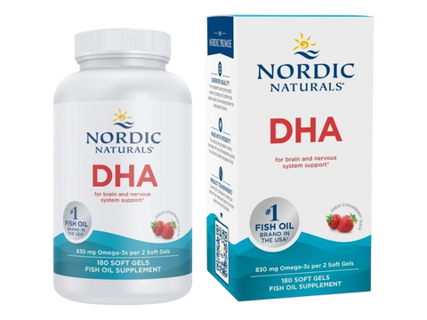 Nordic Naturals DHA fish oil supplement shown with a white plastic bottle and matching white and blue retail box on a plain white background.