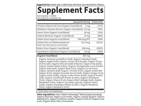 Garden of Life mykind Organics B Complex Once Daily Tablets supplement facts nutrition information panel