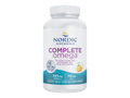 A white bottle of Nordic Naturals Complete Omega fish oil supplement with a white cap, featuring a label with blue and purple text and a small lemon graphic, on a plain white background.