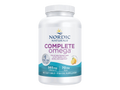 A white plastic bottle of Nordic Naturals Complete Omega fish oil supplement, featuring a white label with blue and purple text and a teal wave graphic at the bottom.