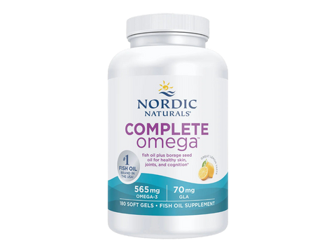 A white plastic bottle of Nordic Naturals Complete Omega fish oil supplement, featuring a white label with blue and purple text and a teal wave graphic at the bottom.