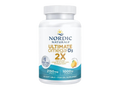 A white plastic bottle of Nordic Naturals Ultimate Omega-D3 2X fish oil supplement, featuring a white cap and a label with blue, yellow, and gold accents.