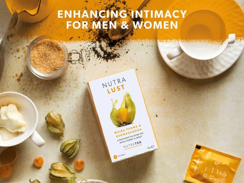 Nutra Tea Nutra Lust Muira Puama & Ashwagandha Herbal Tea 20 Biodegradable Bags 40g front box packaging laying down