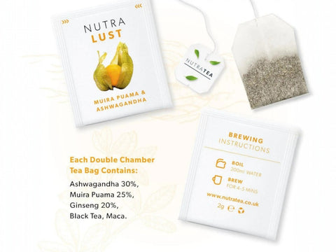 Nutra Tea Nutra Lust Muira Puama & Ashwagandha Herbal Tea 20 Biodegradable Bags 40g close up of tea bags and how to use instructions