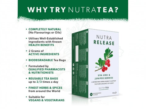 Nutra Tea Nutra Release Uva Ursi & Juniper Berries Herbal Tea 20 Biodegradable Bags 40g close up of tea bags and how to use instructions