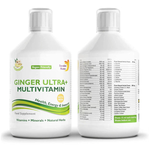 Front & Back Image: Swedish Nutra Ginger Ultra+ liquid multivitamin 500ml bottle